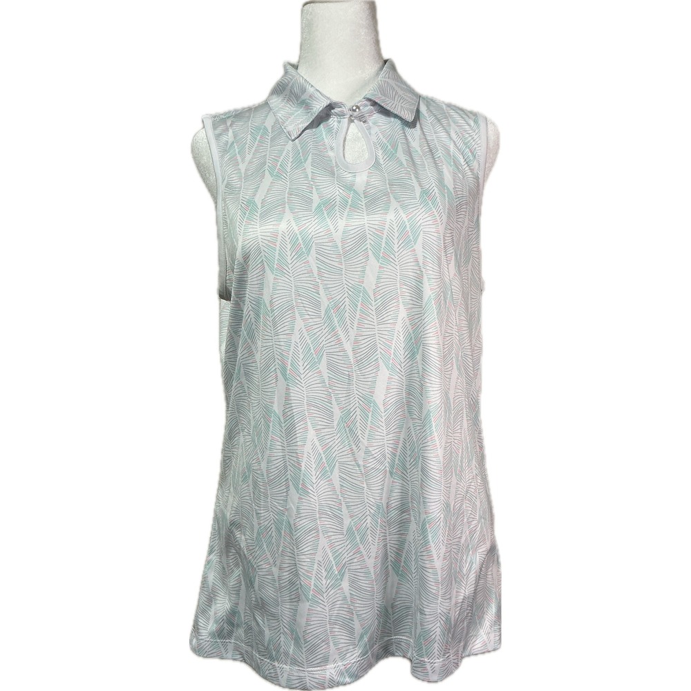 Greg Norman PlayDry Sleeveless Golf Polo Shirt Womens Large Palm Leaf Print